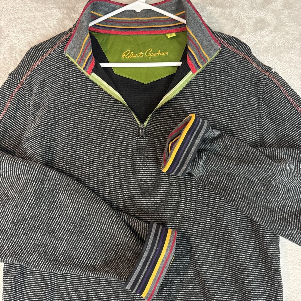 Robert Graham Sweater L Striped 1/4 Zip Flip Cuff Cotton Black Gray L/S Casual